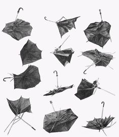 black and white drawing of umbrellas with hooks attached to them, all upside down