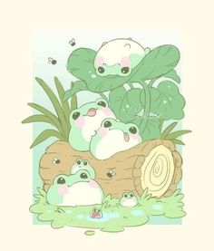 some cute little animals are in the water by some plants and leaves, one is sitting on top of another