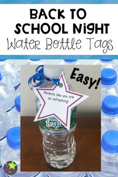 back to school night water bottle tags with text overlay that reads back to school night water bottle tags