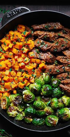 Garlic Butter Steak with Brussels Sprouts and Butternut Squash Fiber Veggies, Brussels Sprouts And Butternut Squash, Brussels Sprouts And Sweet Potatoes, Butter Steak, Garlic Butter Steak, Chicken Easy, Health Dinner, Fall Dinner