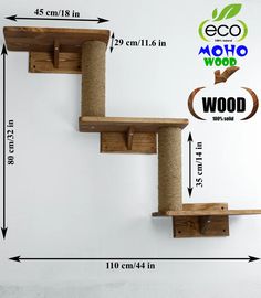 two wooden cat scratching posts are shown with measurements for each one and the other side