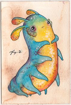 a painting of a sea horse with bubbles on it's head and tail, in watercolor