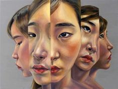 an oil painting of four women with different facial expressions on their faces, one woman's face is half - obscured by the other