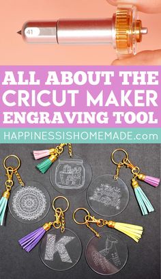 an image of some key chains with the words, all about the circuit maker engraving tool