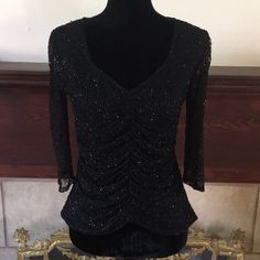 Nwot Fully Beaded Black Blouse. Very Elegant. It’s Great Since It Fully Unzips In Back. Super Scallop Bottom. Has Give In Material But No Tag With Content. Bust 17 Shoulder 17 Sleeve 16 Length 22 Beaded Blouse, Black Blouse, Zip Ups, Top Blouse, Womens Tops, Women Shopping, Black, Color