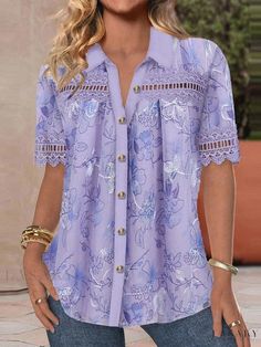 Lasaky - Digital Print Casual Button-up Shirt with Short Sleeves and Traditional Collar Print Shirts Women, Casual Shirt Women, Floral Print Shirt, Top Pattern, Plus Size Tops, Plus Clothing, Nasa, Women Long Sleeve, Sleeve Styles