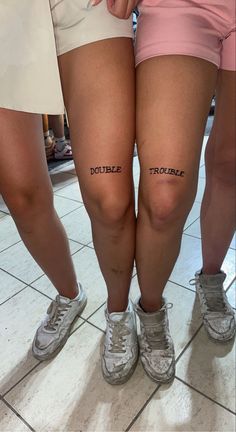 Matching tattoo with your bestfriend Simple Bsf Tattoo, Double Trouble Tattoo Friends, Tatto For Best Friends Girl, Tattoos For Twins Sisters, Bestfriend Tattoo Girl, Matching Tattoos Twins, Twin Matching Tattoos, Tattoos Matching Best Friends, Matching Bsf Tattoo