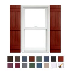 a white window with red shutters on the side and color swatches below it