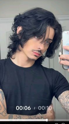 Men Wolfcut Mullet, Man Half Up Half Down Hair, Emo Mens Hair, Wolfcut Hairstyle Mens, Medium Length Guy Hair, Male Shaggy Mullet, Long Medium Hair Men, Guys With Long Hair And Glasses, Shaggy Haircuts Medium Men