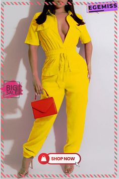 Yellow Fashion Casual Solid Patchwork Turndown Collar Regular Jumpsuits Casual Yellow Jumpsuits And Rompers For Work, Yellow Fitted Jumpsuits And Rompers With Pockets, Fitted Yellow Jumpsuits And Rompers With Pockets, Cargo Pants Style, Yellow Jumpsuit, Collar Jumpsuit, Casual Cargo Pants, Jumpsuit Casual, Tie Women