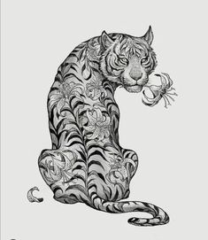 a black and white drawing of a tiger sitting down with its paw in the air