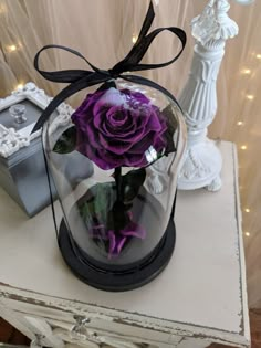 a purple rose in a glass dome on top of a table