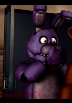 an animated purple bunny standing in front of a door with his hands on his chest