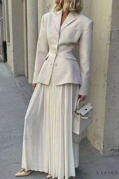 Lasaky - Refined White Celebrities Solid Pleated Two-Piece Set with Elegant Turn-back Collar and Long Sleeves Chique Outfit, Pleated Long Skirt, Looks Street Style, Chic Outfit, Mode Inspo, Looks Style, Mode Inspiration, Dress Suits, Two Piece Dress