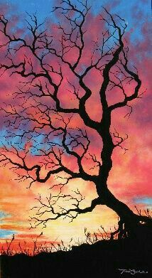 a painting of a tree against a colorful sky