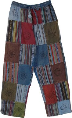 Bring your inner bohemian out with these hippie cotton patchwork pants.  With their unique patchwork consisting of stonewash multicolor dari striped fabric, solids and assorted stamps, the pants stand out like a charm. #tlb #SplitSkirtsPants #Patchwork #Fall #bohemianfashion #StreetPants #CasualPants #BohemianPants Quilt Pants, Festival Cotton Patchwork Bottoms, Male Hippie Outfits, Mens Hippie Fashion, Hippie Beach Patchwork Bottoms, Hippie Festival Pants With Patchwork, Bohemian Patchwork Festival Pants, Patchwork Pants, Summer Hippie Patchwork Pants