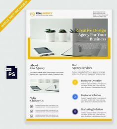 a yellow and white business flyer template with an image of a laptop on the desk