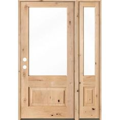 a wooden door with glass panels on the front and side doors, both in light wood