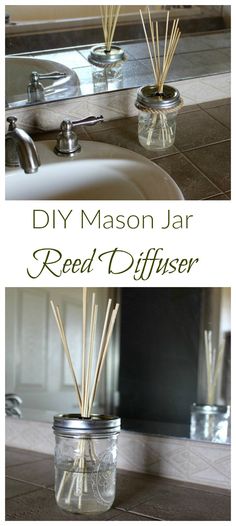 two jars filled with reed diffusers sitting on top of a counter next to a sink