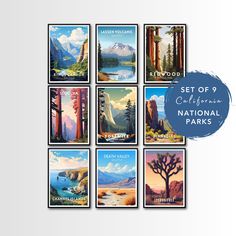 a set of six california national parks posters with mountains, lakes and trees in the background