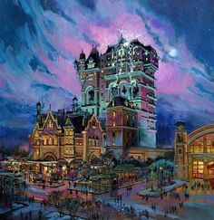 a painting of a large building in the middle of a night time scene with people walking around it