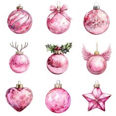 twelve pink christmas ornaments with angel wings and bows on them, all painted in watercolor