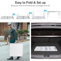 the back end of a car with an open trunk and two pictures showing how to fold and set up