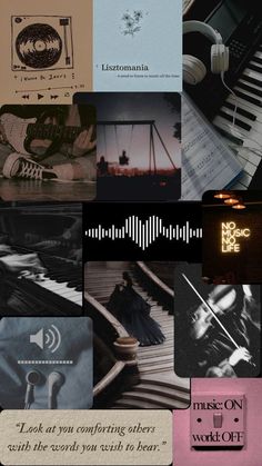 a collage of music related images with words and symbols in the middle one has an image of a piano