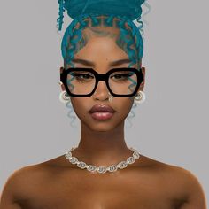 a woman wearing glasses with blue hair and pearls on her head is looking at the camera