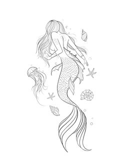 a black and white drawing of a mermaid with her long hair blowing in the wind