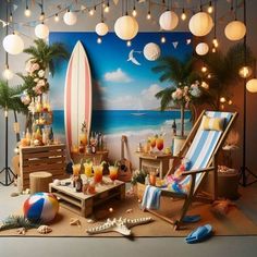 an image of a beach party setting with surfboard and cocktails on the table