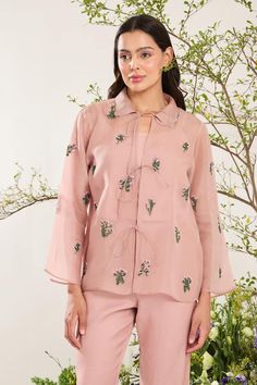 Pink jacket with front tie-ups and floral, beaded hand embroidery. Paired with an inner top and pant. - Aza Fashions Spring Silk Pant Set With Long Sleeves, Embroidered Sets For Spring, Pink Long Sleeve Pant Set With Floral Embroidery, Fitted Floral Embroidered Pant Set With Long Sleeves, Fitted Pant Set With Floral Embroidery, Fitted Pant Set With Floral Embroidery And Long Sleeve, Spring Sets With Resham Embroidery And Long Sleeves, Spring Resham Embroidery Sets With Long Sleeves, Spring Silk Fitted Pant Set