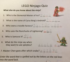 a piece of paper with writing on it that says lego ninja quiz what else do you know about the ninja?