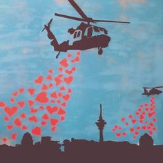 a painting of a helicopter dropping hearts into the air