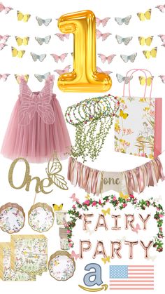 the first birthday party is in gold and pink