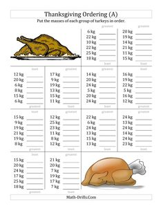 thanksgiving ordering worksheet with a turkey on the table and an image of a turkey