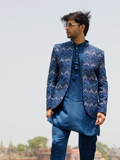 Vastramay Men's Navy Blue Silk Embroidered Jodhpuri Bandi Jacket Men, Kurta And Pants, Collar Kurta, Looking Dapper, Zig Zag Pattern, Blue Solid, Embroidered Jacket, Blue Silk, Full Sleeves