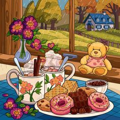 a teddy bear sitting on a window sill next to a plate of donuts