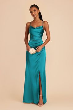 Lydia Matte Satin Dress - TealLydia Matte Satin Dress - Teal Teal Dress For Wedding Azazie, Blue Satin Dress Square Neck, Long Dresses For Prom Blue, Prom Dresses Blue Satin, Azazie Bridesmaid Dresses Satin, Satin Mermaid Dress Prom, Dama Dresses For Quince Teal, Prom Dresses Long Fitted Green, Blue Dresses Formal Cheap