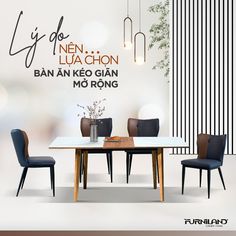 a dining room table and chairs in front of a wall with the words'lygien lua chion ban an keo gia mcong '