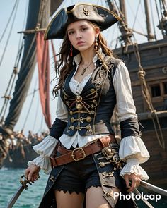 a woman dressed as a pirate on the deck of a ship