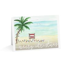 a christmas card with a chair and palm tree on the beach