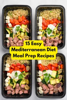 three trays filled with meat and vegetables on top of a white table next to the words, 15 easy mediterranean diet meal prep