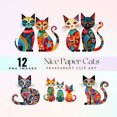 four colorful cats with different designs on their faces and the words nice paper cats written below them