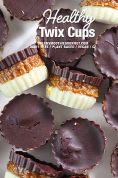 chocolate peanut butter cups are arranged on a white plate with the words healthy twix cups above them