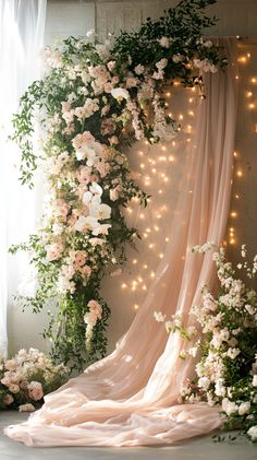 Elegant wedding photo zone featuring soft blush fabrics, gold accents, and lush greenery. Central floral arch adorned with cascading orchids. Soft fairy lights create a romantic atmosphere. Photographed with a Canon EOS R6 and RF 50mm F1.2 lens in natural light, highlighting delicate details. Simple Engagement, Wedding Planning Decor, Creative Photoshoot, Engagement Decorations, Flower Party, Party Venues, Studio Ideas, Decor Project, Bride And Groom