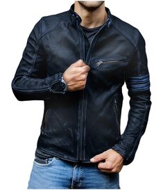 PRICES MAY VARY. Outer Shell : Lambskin Fine Finish Leather , Distressed Look with Three Zip Pockets and Zipper Sleeves. Inner Shell : Quilted Polyester Lining along with Two Inside Pockets , suitable to store wallet, keys and sunglasses etc. This Leather Biker Jacket Men is your primary choice! For biker lovers, here is the eye-catchy designed to let you stand out from the crowd.It features a sturdy YKK zip front up to a stand collar with loop strap to hold it in place. JILD offers free of cost Black Cafe Racer Leather Jacket With Long Sleeves, Urban Leather Motorcycle Jacket With Zipper Closure, Levi's Biker Leather Jacket With Zipper, Rugged Fitted Leather Jacket For Motorcycling, Levi's Leather Biker Jacket With Zipper Closure, Black Leather Jacket Men, Biker Jacket Men, Cafe Racer Jacket, Vintage Cafe Racer