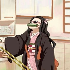 a woman in a kimono and blindfold is holding a stick with her right hand