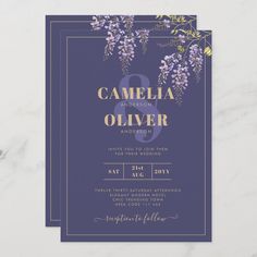 an elegant purple and gold wedding card with the word,'camellia & oliver'on it