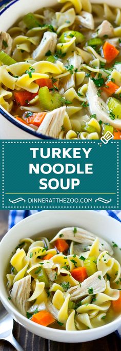 turkey noodle soup with carrots, celery and noodles in a white bowl